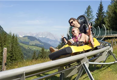 Eine Sommerrodelbahn in den Bergen mit zwei fröhlichen Fahrern. Im Hintergrund sind grüne Wiesen und majestätische Berge zu sehen.