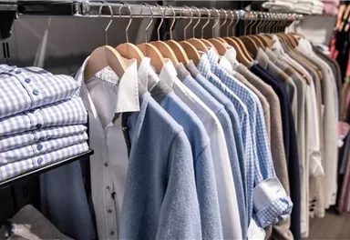 Ein Geschäft mit einer Auswahl an Hemden und Blusen. Die Kleidung ist ordentlich auf Bügeln und Regalen angeordnet.