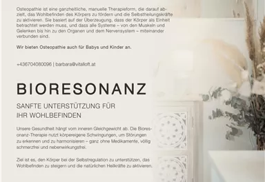 An informative flyer for vital therapies. It describes osteopathy and bioresonance to support well-being.