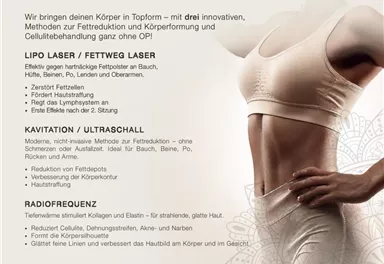 A promotional flyer for a wellness studio focused on body shaping and cellulite treatment. The services include Lipo Laser, cavitation, and radiofrequency.