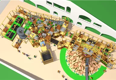 A large playground design featuring various play equipment and structures. Many children are playing and exploring the different areas.