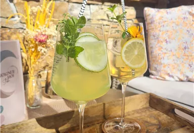 Two glasses with refreshing cocktails are placed on a wooden tray. The drinks are garnished with lime slices and fresh mint.