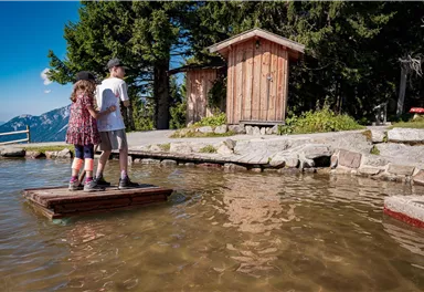 Two children are standing on a floating wooden dock in the water. In the background, trees and a small wooden cabin can be seen.