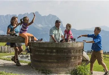 A cheerful family is playing in a wooden barrel outdoors. In the background, mountains and a blue sky can be seen.
