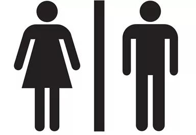 Ein Symbol für Toiletten mit einer weiblichen und männlichen Figur. Es zeigt die Trennung zwischen Damen- und Herren-WCs.