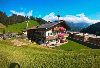 A beautiful alpine house with colorful flower balconies. In the background, a green meadow and wooded hills stretch under a blue sky.