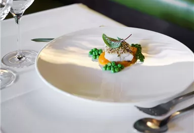 An elegant dish on a white plate. It features fish with green peas and a colorful sauce.