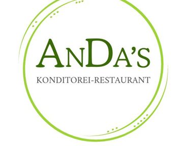 An elegant logo for a pastry restaurant named "Anda's". It has a green border and displays the name in stylish font.
