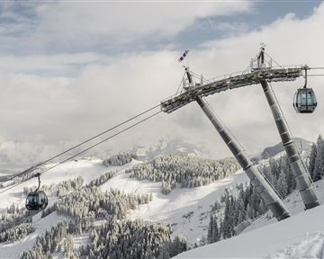 Eine Gondelbahn in den verschneiten Bergen. Die Landschaft ist von schneebedeckten Bäumen und einem bewölkten Himmel geprägt.