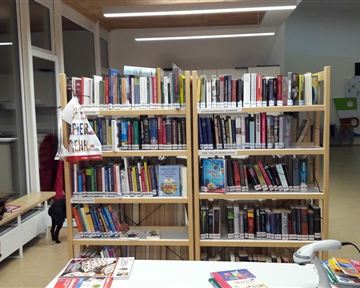 A bookshelf with many different books stands in a room. In the background, tables and a wall with colorful pictures are visible.