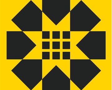 Ein grafisches Design mit geometrischen Formen in Schwarz auf gelbem Hintergrund. Die Anordnung erinnert an eine stilisierte Blume oder ein Mandala.