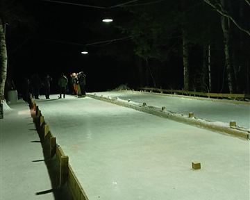Eine beleuchtete Eisbahn in der Nacht, umgeben von Bäumen. Menschen genießen das Schlittschuhlaufen in einer winterlichen Atmosphäre.