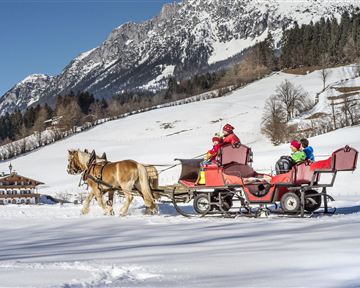 Eine Pferdeschlittenfahrt durch eine winterliche Landschaft mit schneebedeckten Feldern und Bergen im Hintergrund. Zwei Kinder sitzen im Schlitten und genießen die Fahrt.