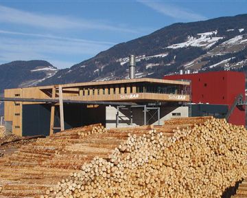 Ein modernes Gebäude neben gestapeltem Holz in einer bergigen Landschaft. Im Hintergrund sind schneebedeckte Berge und ein klarer Himmel zu sehen.