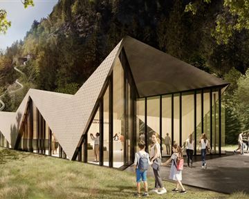 Ein modernes Gebäude mit einer einzigartigen architektonischen Form in einer natürlichen Umgebung. Familien genießen die Zeit im Freien vor dem Gebäude.