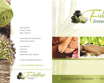 A relaxing pedicure advertising brochure featuring natural elements such as towels, lavender, and stones. The designs convey a sense of wellness and relaxation.