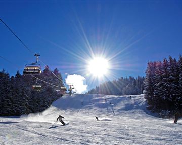 Ein sonniger Skitag in den Bergen. Skifahrer fahren die Pisten hinunter, umgeben von schneebedeckten Bäumen.
