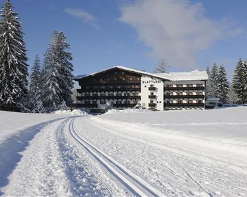 A picturesque hotel in a winter landscape, surrounded by snow-covered trees. In the background, the mountains can be seen under a clear blue sky.