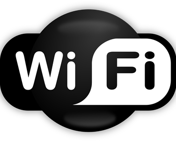 Ein WiFi-Symbol auf schwarzem Hintergrund. Es zeigt die Buchstaben „WiFi“ in einer modernen Schriftart.