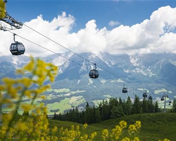 A cable car rides over green meadows and trees in the mountains. In the background, majestic mountains and a blue sky with clouds can be seen.