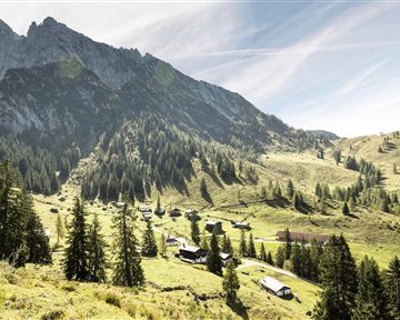 A picturesque mountain landscape with green meadows and dense forests. In the foreground, small huts can be seen, surrounded by majestic mountains.