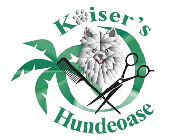 A logo with the name "Kaiser’s Hundeoase". It features a dog, a palm tree, and grooming tools like scissors and a comb.