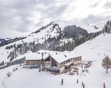 A snowy mountain landscape with a chalet and skiers. In the background, high fir trees and a cloudy sky can be seen.