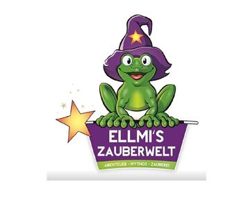 A green frog with a magic hat sits on a magic wand. The logo belongs to "Ellmi's Magic World" and conveys a magical experience.