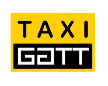 Ein gelbes Schild mit der Aufschrift "TAXI" und "GATT" in schwarzer Schrift. Es dient als Erkennungszeichen für ein Taxiunternehmen.