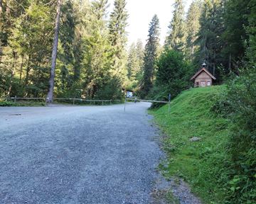 Ein ruhiger Waldweg mit Kies und grünen Wiesen. Im Hintergrund ist eine kleine Hütte zu sehen, umgeben von Bäumen.