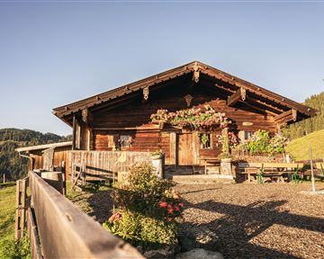 A rustic wooden cabin surrounded by green meadows and mountains. The sky is clear and the landscape appears peaceful.