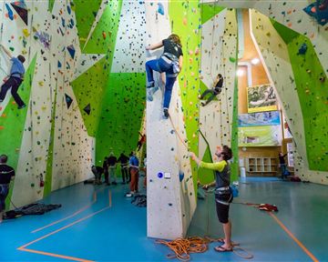 Eine Sportkletterhalle mit bunten Kletterwänden und mehreren Kletterern. Einige Personen sichern die Kletterer, während andere an der Wand klettern.