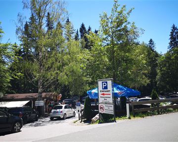 A parking lot in a green environment with many trees. Several cars are parked in the lot, and in the background, there is a small building with a blue roof.