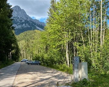 A quiet street, surrounded by tall trees and mountains in the background. On the side, some cars are parked.