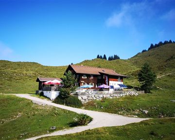 A cozy mountain house surrounded by green meadows. The blue sky and the surrounding hills create an idyllic atmosphere.