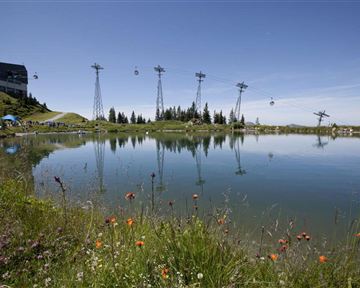 A picturesque lake surrounded by colorful flowers and green meadows. In the background, gondolas and a mountain station can be seen.