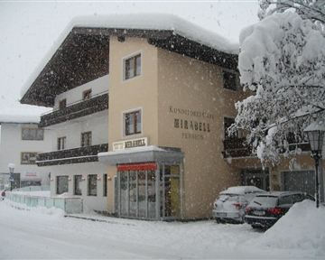 A cozy building in the snow with a beautiful roof.
Dense snowflakes are falling and covering the surroundings.