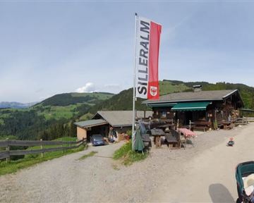 Ein gemütliches Berghaus mit einer großen Fahne und einer malerischen Aussicht auf die grünen Hügel. Der Weg zum Haus ist von Bäumen umgeben und lädt zum Verweilen ein.