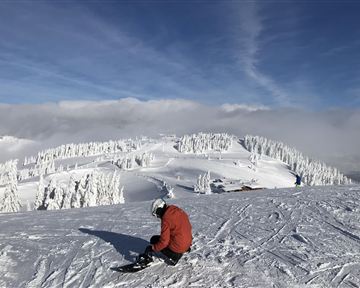 A skier sits on a snow-covered mountain peak. The sky is clear and the landscape is surrounded by snowy trees.