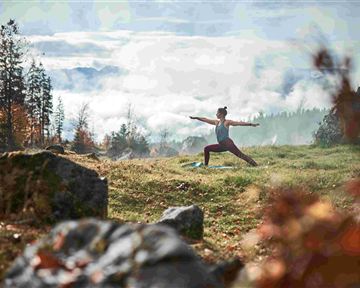 Eine Person macht Yoga in einer malerischen, bewaldeten Landschaft. Im Hintergrund sind sanfte Hügel und Nebel zu sehen.