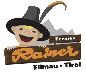 Ein fröhliches Logo mit einem kindlichen Charakter, der einen großen Hut trägt. Der Schriftzug "Pension Rainer Ellmau - Tirol" ist gut sichtbar.