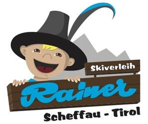 A cheerful boy in a black hat is smiling and holding a sign that says "Ski Rental Rainer, Scheffau - Tirol". Stylized mountains are visible in the background.