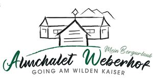 Ein skizzenhaft dargestelltes Chalet mit dem Schriftzug "Almchalet Weberhof". Der Text deutet auf einen Bergurlaub in Going am Wilden Kaiser hin.