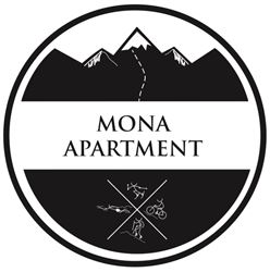 Ein stilisiertes Logo mit Bergen und der Aufschrift "MONA APARTMENT". Es zeigt sportliche Aktivitäten wie Radfahren, Schwimmen und Wandern.