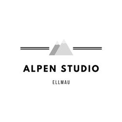 Ein einfaches und modernes Logo mit dem Schriftzug "Alpen Studio" und einer Berggrafik. Der Ort ist Ellmau.