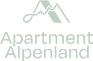 Ein modernes Logo für ein Apartment namens "Alpenland". Es zeigt stilisierte Berge und einen geschwungenen Schriftzug.