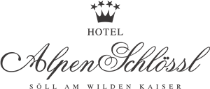 An elegant logo of the Hotel AlpenSchlössl in Söll am Wilden Kaiser. The design is simple and stylish, featuring a crown and curved lettering.