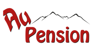A logo with the words "Au Pension" in red letters. In the background, stylized mountains can be seen.