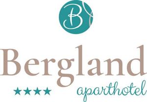 Ein elegantes Logo des Bergland Aparthotels mit vier Sternen. Es zeigt den Namen "Bergland" und ein stilisiertes Symbol.