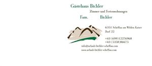 Ein elegantes Logo für das Gästehaus Bichler, das Zimmer und Ferienwohnungen anbietet. Die Informationen zur Kontaktaufnahme sind ebenfalls angegeben.